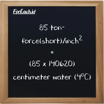 Cara konversi ton-force(short)/inci<sup>2</sup> ke centimeter air (4<sup>o</sup>C) (tf/in<sup>2</sup> ke cmH2O): 85 ton-force(short)/inci<sup>2</sup> (tf/in<sup>2</sup>) setara dengan 85 dikalikan dengan 140620 centimeter air (4<sup>o</sup>C) (cmH2O)